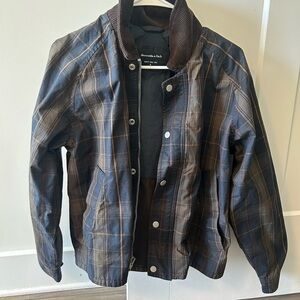 Abercrombie & Fitch Men's Checkered Bomber Jacket - Dark Brown and Navy